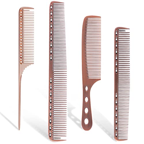 CGBARBER 4 Types Aluminum Hair Combs for Cutting Stainless Steel Hair Tail Metal Comb (Bronze)