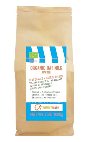 Zimmermann Organic Oat Milk Powder 2.2lb 1000g, New Quality - Made in Belgium, Makes 2.64 gallons Vegan Milk Substitute, Lactose-Free