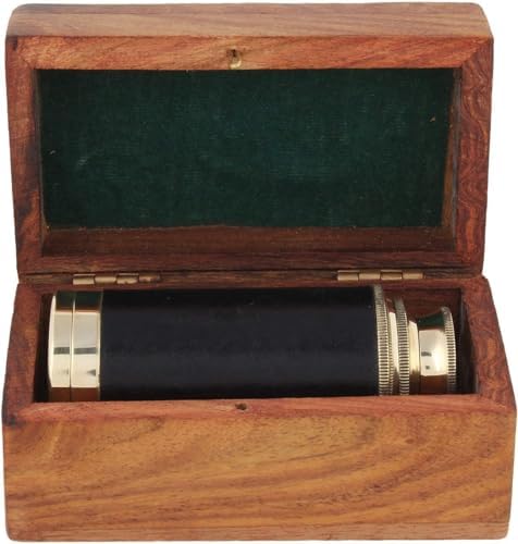Vintage Brass Golden Telescope with Wooden Box Nautical Black Leather Grip & 6 Inches Marine Spyglass Telescope for Traveling Hiking Gift