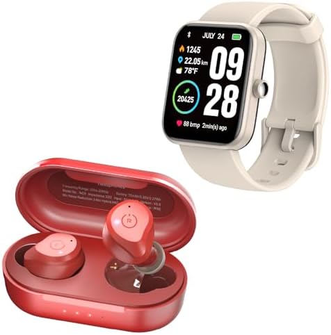 TOZO NC9 Wireless Earbuds Dark Red S2 44mm Smart Watch Champagne