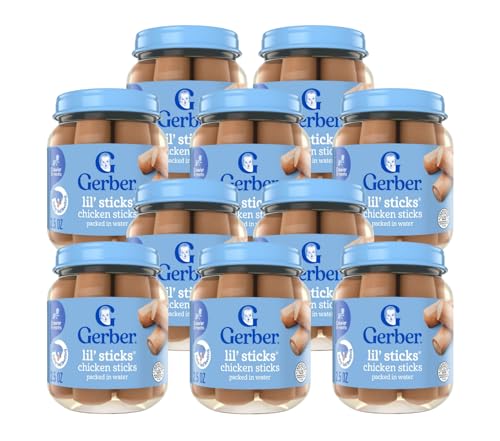 Gerber Mealtime for Baby Lil’ Sticks, Chicken Sticks, Packed in Water, No Nitrates or Nitrites Added, for Crawlers 10 Months & Up, 2.5 Ounce Jar (Pack of 10 Jars)