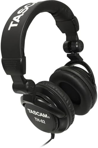 TASCAM TH-02 Professional Studio Monitor Headphones, Wired, Over Ear — for Recording, Podcast, DJ, Music and Guitar, with 1/4 Inch Jack Adapter