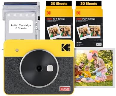 KODAK Mini Shot 3 Retro 4PASS 2-in-1 Instant Digital Camera and Photo Printer (3x3 inches) Initial 8 Sheets + 60 Sheets Cartridge Bundle, Yellow (NOT Zink)