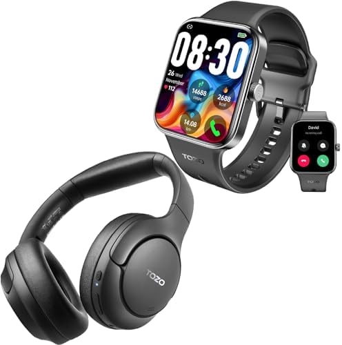 TOZO S4 AcuFit One Smartwatch 1.78-inch Bluetooth Talk Dial Fitness Tracker Black + HT2 Hybrid Active Noise Cancellation Wireless Over-Ear Bluetooth Headphones Black