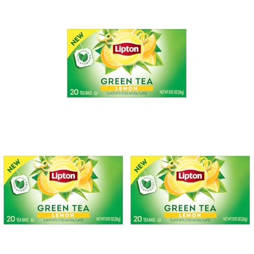 Lipton Lemon Green Tea Bags, Flavored, Unsweetened Teabags for Hot Tea or Iced Tea with Caffeine and Flavonoids, 20 Total Tea Bags (Pack of 3)