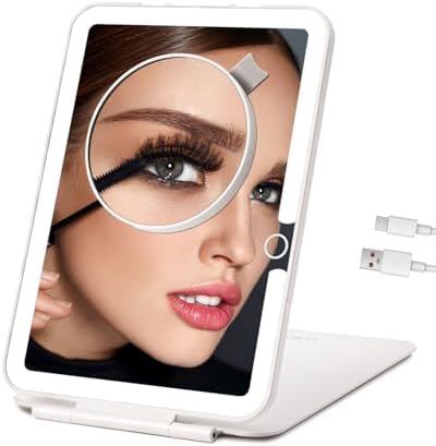 Rechargeable Travel Makeup Mirror with Lights, Portable Lighted Vanity Mirror with 10X Magnification, 70 LEDs 3 Color Lights, Touch Tabletop Folding Compact Cosmetic Mirror White