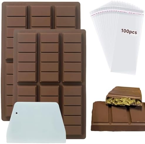 2 Pcs Chocolate Bar Mold Deep, 12 Cavities Thick Silicone Chocolate Mold with Bags and Scraper, Chocolate Bar Mold for Stuffed Bar Filling Kunafa Pistachio Chocolate Bar