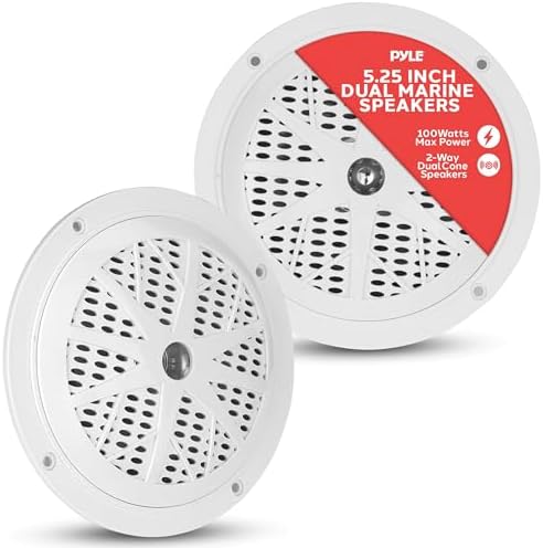 Pyle 5.25 Inch Dual Marine Speakers - 2 Way Waterproof and Weather Resistant Outdoor Audio Stereo Sound System with 100 Watt Power, Polypropylene Cone and Cloth Surround - 1 Pair - PLMR51W (White)