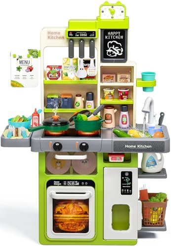 Kids Play Kitchen Set, Toddler Kitchen Playset with Sound & Light, Cooking Stove with Steam, Play Sink, Play Food Toy and Kitchen Accessories, Kitchen Toy for Kids Girls Boys 1-3