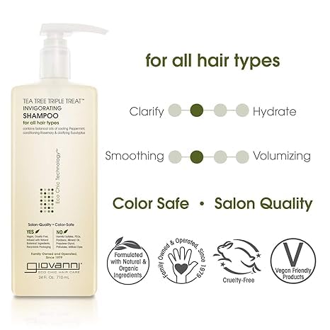 GIOVANNI Tea Tree Triple Treat Invigorating Shampoo - Cooling Peppermint, Eucalyptus & Rosemary, Strengthen & Rejuvenate Hair & Scalp, Salon Quality, Paraben Free, Tea Tree Shampoo - 24 oz (Pack of 2)