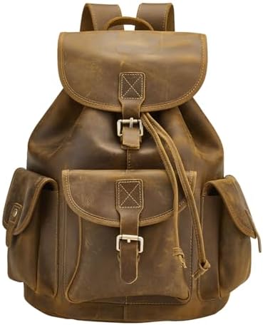 Backpack for Men Women Vintage Crazy Horse Full Leather Travel Daypack 15.6" Laptop Rucksack