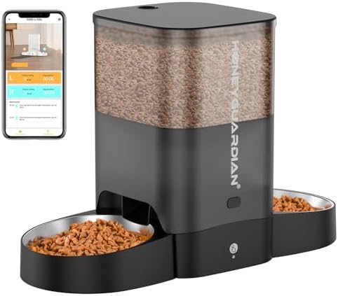 HoneyGuaridan 3.5L Automatic Cat Feeder for Two Cats, 2.4G WiFi Enabled Smart Feed Pet Feeder with Stainless Steel Bowl,APP Control Dispenser, Dual Power Supply,Desiccant Bag,10s Meal Call Black