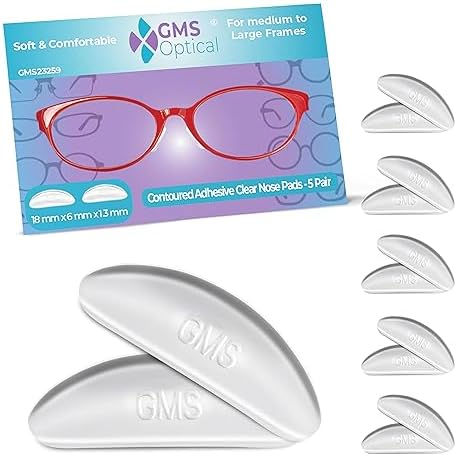 GMS Optical 1.3mm Ultra-Thin / 18mm Long Length - Anti-Slip Adhesive Contoured Silicone Eyeglass Nose Pads with Super Sticky Backing for Glasses, Sunglasses, and Eye Wear - 5 Pair (Clear)