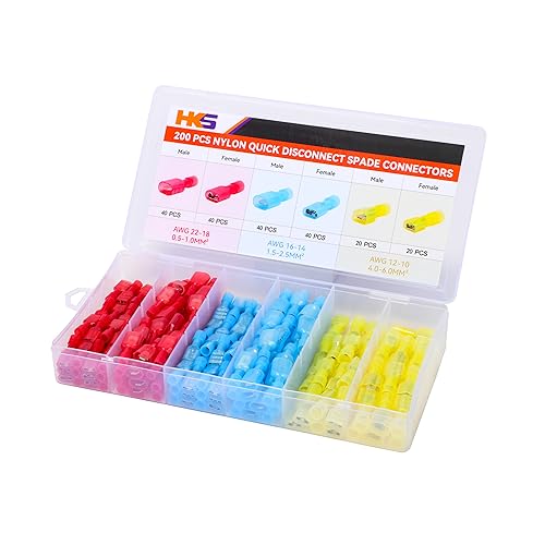 HKS 200PCS Nylon Spade Quick Disconnect Connector Kit - Male and Female Electrical Wire Connectors Kit - Tinned Copper - Cold-Pressed Wire Spade Terminal Automotive Crimp Assortment Insulated