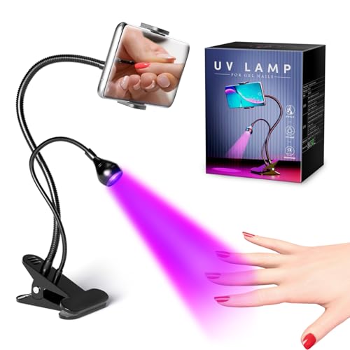 UV Nail Lamp with Phone Holder, UV Light Gooseneck UV Lamp for Nails 365+395nm 3w Black Light LED with Clamp for Gel Nails Ultraviolet Curing UV Nail Lamp 5v USB Input UV Light with 4 Levels Dimming