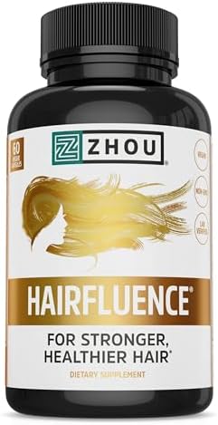 Zhou Hairfluence, Hair Growth Supplement with Clinically Studied Lustriva and Keranat and Hair Vitamins Biotin 5000mcg, Vitamin D, A, C & B12, Non-GMO, Gluten Free, 60 VegCaps