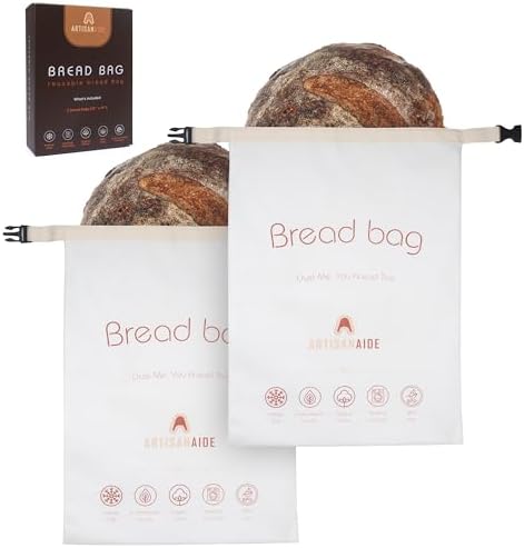 2 Pack 12x17 Bread Bags, Bread Storage for Homemade Sourdough, Reusable Bread Bags for Homemade Bread, Buckle Closure, Machine Washable, Freezer Safe, BPA Free, Gifts for Sourdough Bakers