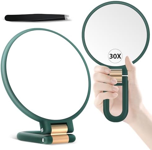 B Beauty Planet Handheld Magnifying Mirror, Double Sided Travel Magnifying Mirror with 30X/1X Magnification, 360°Adjustable Handle and Precision Tweezers, Portable Multi-Purpose Makeup Mirror Green