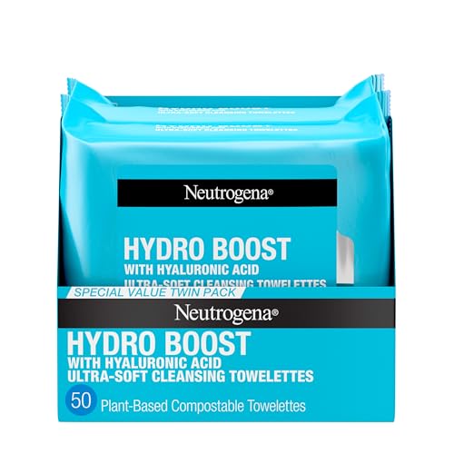 Neutrogena Hydro Boost Face Wipes + Hyaluronic Acid, Hydrating Makeup Remover Wipes Remove Dirt & Waterproof Makeup, Hypoallergenic, 100% Plant-Based Cloth, 2 x 25 ct