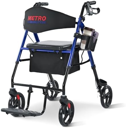 Metro Mobility 2 in 1 Rollator Walker & Transport Wheelchair, Foldable Lightweight Rollator Walker with Seat for Seniors, 8" Big Wheels for All Terrain, 300 lb. Weight Capacity, Blue