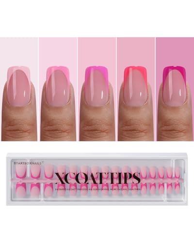 BTArtboxnails XCOATTIPS Pink French Tip Press On Nails - Short Press On Nails Square, Soft Gel Nail Tips, 160Pcs Soak Off Acrylic Pink Fake Nail Extension in 16 Sizes