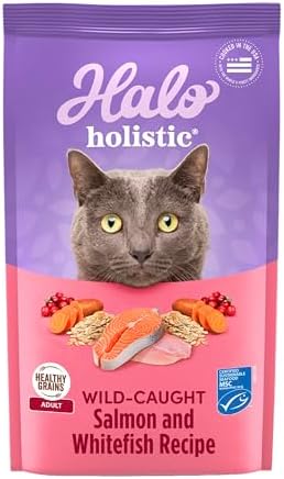 Halo Holistic Cat Food Wild Caught Salmon & Whitefish Formula, Healthy Grains Dry Cat Food, Complete Digestive Health, Kibble for Adult Cats, 3 lb Bag