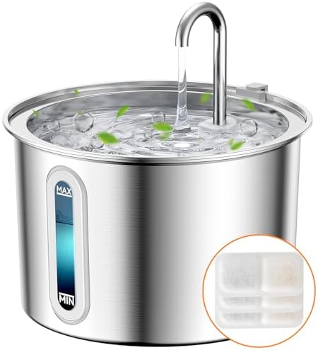 oneisall Stainless Steel Cat Water Fountain, 2L Water Fountains for Cats Indoor with Quiet Pump and 3 Replacement Filters, Pet Water Fountain Faucet Spout Design Cat Fountain Drinking Inside, PWF 001