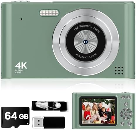 2025 Digital Camera, Kids Camera1080P, Vlog Camera with 64GB Card,16X Zoom Anti Shake, Card Reader, 44MP Compact Portable Small Point Shoot Camera Green Gift for Kid Student Children Teen Girl Boy