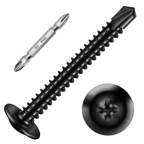 500Pcs #8×1-1/2 Inch, Black Self Tapping Screws for Metal, 410 Black Metal Screws Oxide Stainless Steel Truss Head Self Drilling Screws High-Strength