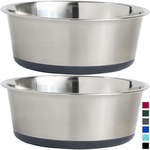 Gorilla Grip Set of 2 Dog Bowls, Heavy Duty Metal Food and Water Bowl for Feeding Dogs and Cats, Dishwasher Safe, Rust Resistant Stainless Steel, BPA Free Rubber Base, Holds 2 Cups (16 fl oz), Gray