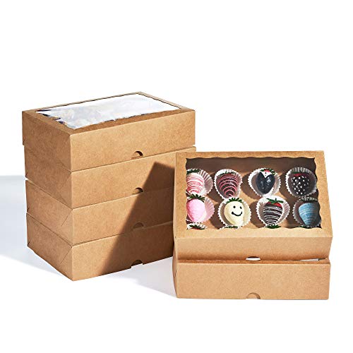 25PCS10 x 7 x 2.5 inches One Piece Professional Strawberry Boxes, Cookie Boxes, Natural Kraft Brown Paper Boxes with Display Window