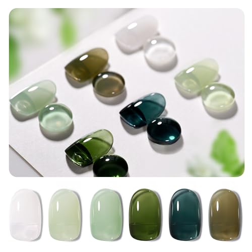 GAOY Jelly Green Gel Nail Polish Set, 6 Transparent Colors Sheer White, Soak Off UV Light Cure Gel Polish for Salon and Nail Art DIY at Home, Emerald Green