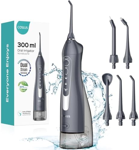 COSLUS Water Dental Flosser Teeth Pick: Portable Cordless Oral Irrigator 300ML Rechargeable Travel Irrigation Cleaner IPX7 Waterproof Electric Flossing Machine for Teeth Cleaning C20(F5020E) Grey