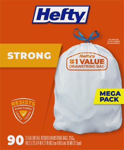 Hefty Strong Tall Kitchen Trash Bags, Unscented, 13 Gallon, 90 Count