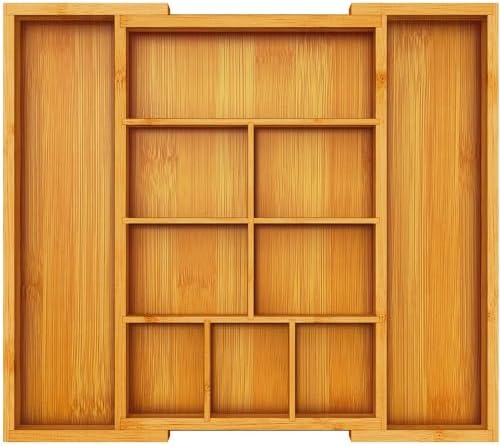 Pipishell Bamboo Expandable Drawer Organizer, Adjustable Silverware Organizer with Removable Dividers, Cutlery Tray Perfect for Kitchen, Bathroom, Office, Bedroom