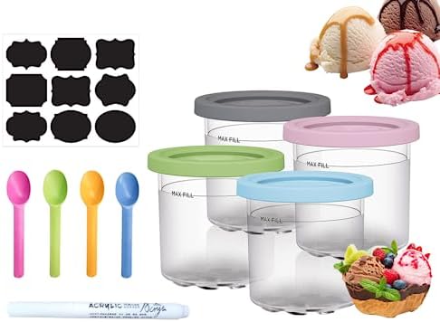 Litex Ninja Creami Pints 4 Pack，Creami Pints and Lids for Ninja，Smoothie Pot Compatible with NC299AMZ & NC300s Series Creamer Ice Cream Maker Machine，Dishwasher Safe, W/ 4X Spoon, 1 Marker and Sticker