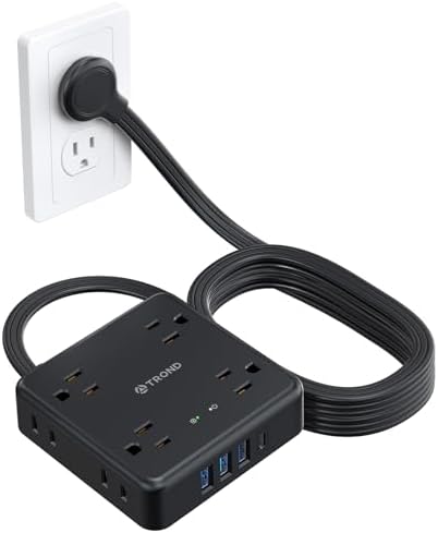 TROND Surge Protector Power Strip 10ft - Ultra Thin Flat Plug Extension Cord, 8 Widely-Spaced Outlets, 4 USB Charger, 1440J, Flat Wall Plug, Desk Charging for Travel, Black