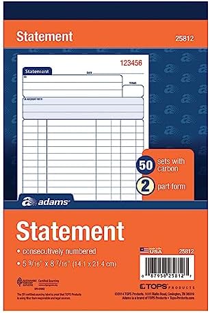 Adams All-Purpose Statement Book, 2-Part with Carbon, 5.56 x 8.44 Inches, White/Canary, 50 Sets per Book (25812)