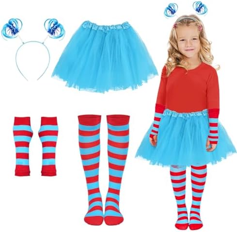 Blue Tutu Skirt, Ponytail Headband, Blue Red Striped Fingerless Gloves, Over Knee High Socks