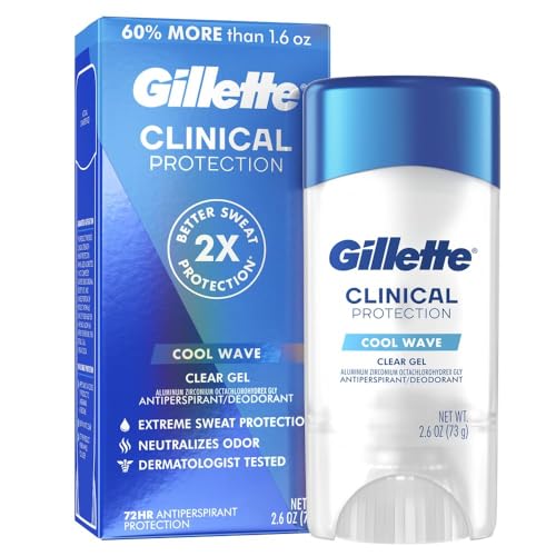 Gillette Clinical Antiperspirant and Deodorant for Men, 72hr Sweat & Odor Protection, Long Lasting Freshness, Anti-White Mark Technology, Clear Gel, Cool Wave Scent, 2.6 oz