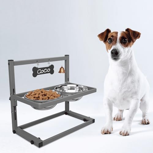 SHAINFUN Elevated Dog Bowls for Small and Medium Dogs, Raised Dog Bowl Stand with 2 Stainless Steel Dog Food Bowls, Adjustable Height Dog Feeder for Puppy Cats, Grey