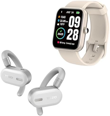 TOZO O2 Lightweight True Open Ear Wireless Earbuds White S2 44mm Smart Watch Champagne