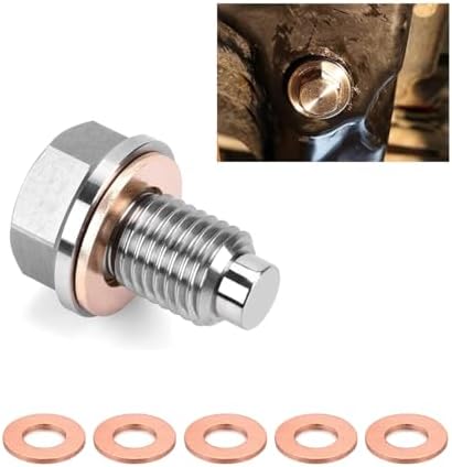 M14×1.5 Magnetic Oil Drain Plug, Aluminum Stainless Steel Sump Drain Nut Bolt with 5 Copper Crush Washer, Universal Leak-proof Replacement Car Accessories for Most Vehicles