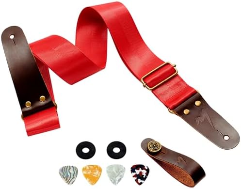 Guitar Strap, Modern Embroidery Cotton & Extended Leather Ends for Bass, Acoustic & Electric Guitar Excellence, Enjoy Comfort and Style in Your Performances! (Cherry Tomato)