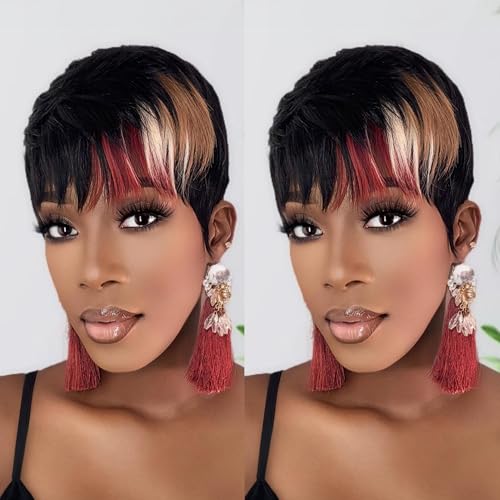 PangDongLai Pixie Cut Wigs for Black Women Short Layered Pixie Haircut Wigs Brazilian Virgin Human Hair Wigs 1b/33/613 Blonde Color Pixie Wigs with Bangs Glueless Full Machine Made Wigs