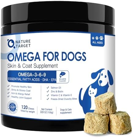 NATURE TARGET Omega 3 Fish Oil for Dogs, Salmon Oil for Skin & Coat Supplement with EPA & DHA Fatty Acids - Dog Itch & Allergy Relief, Anti Shedding, Hot Spots Treatment - Hip & Joint Support - 120ct