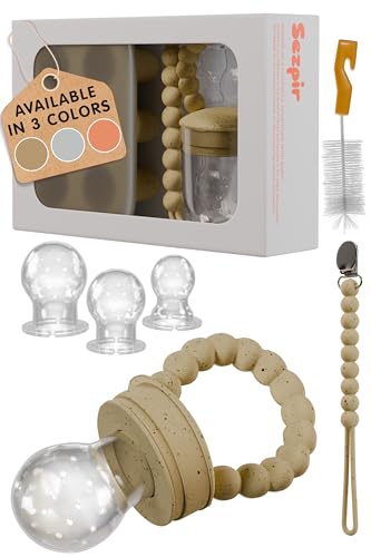 Silicone Baby Fruit Feeder Pacifier with Freezer Tray Made from Safe and BPA Free Materials, Suitable for Fruits, Veggies, Puree or Frozen Breast Milk Popsicle Teether with Clip Strap, Cream Speckled