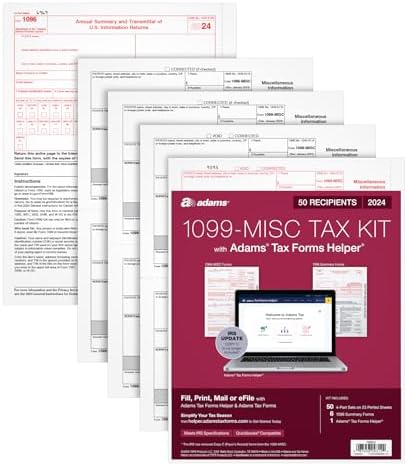 Adams 2024 1099 MISC Tax Forms, 4 Part, Laser/Inkjet, 50 Recipients, Plus 6 1096 Forms, 2 Up, Access to Tax Forms Helper (1009312)
