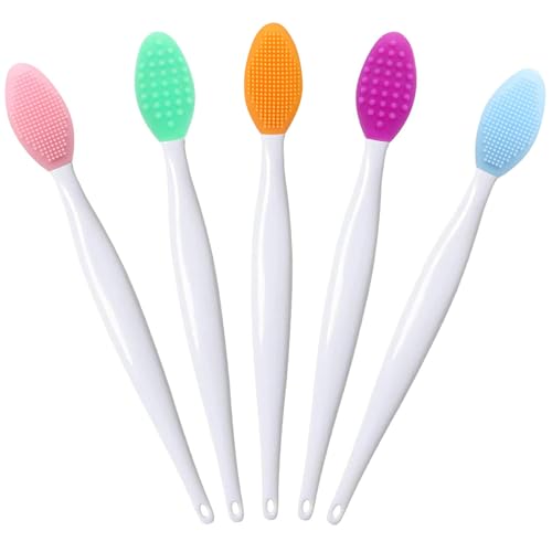 Lip Scrub Brush Lip Brush Tool,Double-Sided Silicone Exfoliating Lip Brush,Gentle Lip Exfoliator Scrubber Brush for Smooth,Soft,Bright,and Healthy Lips(5 PCS) (5 Colors)