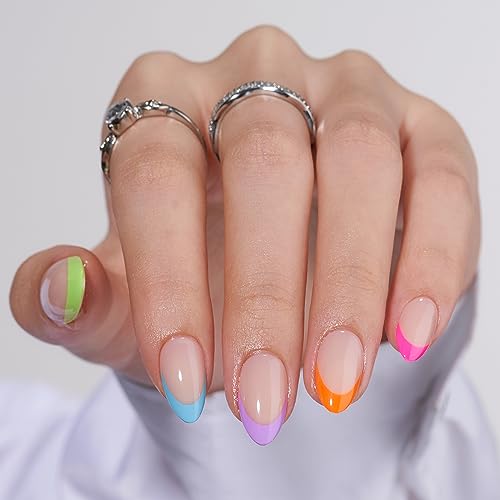 BTArtbox Press On Nails Short - Soft Gel French Tip Press On Nails, Colorful Almond Glue On Nails with Nail Glue, Reusable Stick On Nails in 16 Sizes, Neon Rainbow French